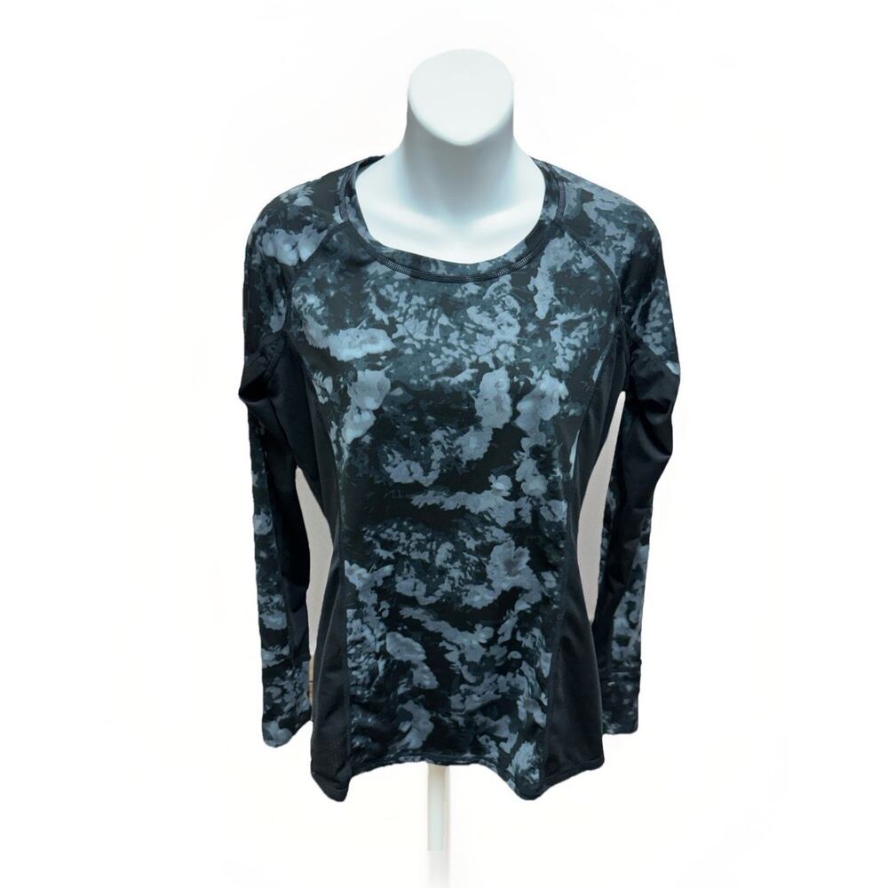 Athleta Womens Long Sleeve Athletic Top Size Small Gray Black Camo Print Base